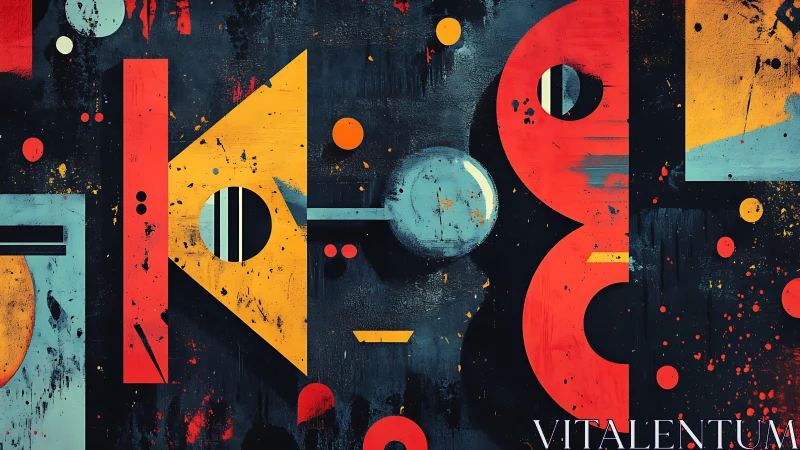 Geometric abstract blocks explode across textured dark field.