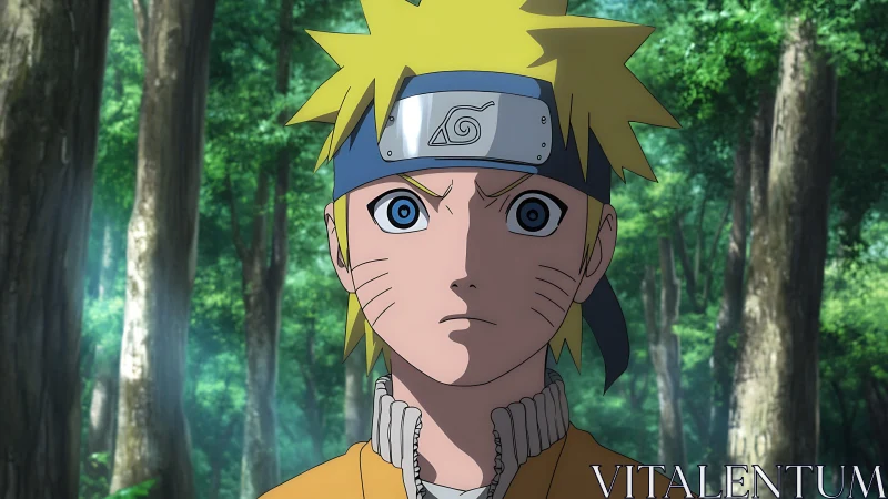 Determined blond ninja stands focused in a sunlit forest.