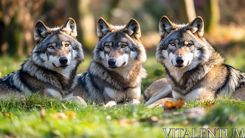 Three gray wolves rest alert in soft autumn meadow light.