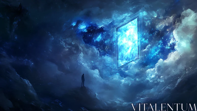 Solitary wanderer before luminous cosmic gateway portal.