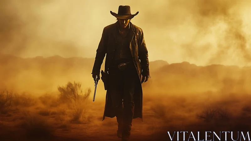 Lone desert gunslinger walking through golden dustlight.