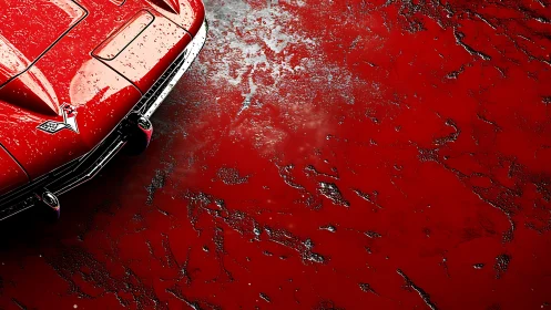 Red classic sports car over wet textured ground surface.