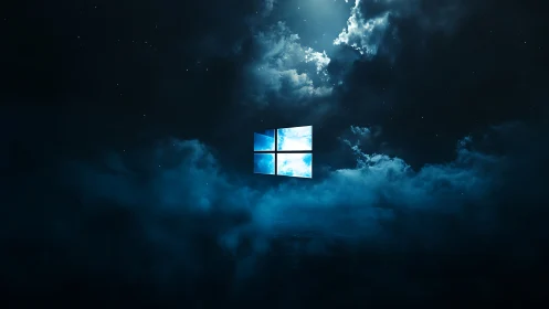 Windows logo glowing in dramatic blue night clouds.