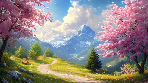 Soft mountain pathway welcomes spring beneath pink blossom skies