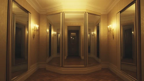 Mirrored corridor quietly folds golden light into endless doors