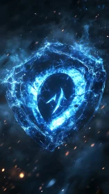 Glowing blue shield emblem formed from energy particles.