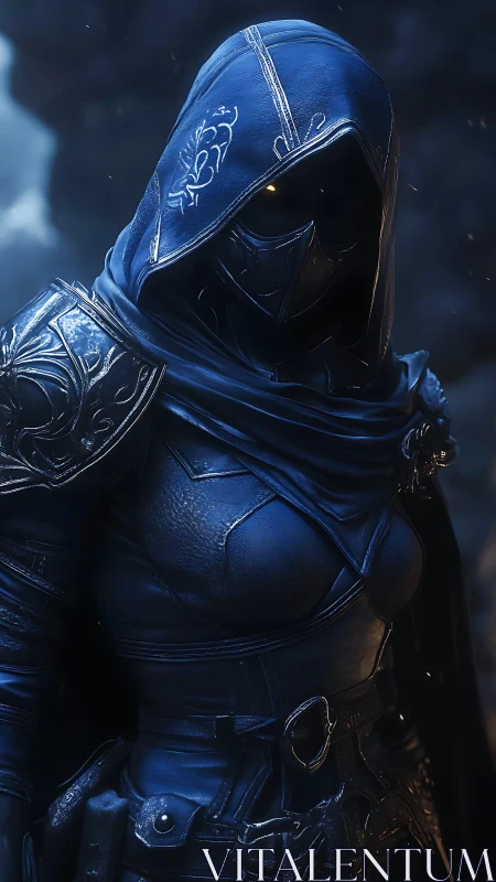 Hooded armored rogue in dark fantasy cavern scene.