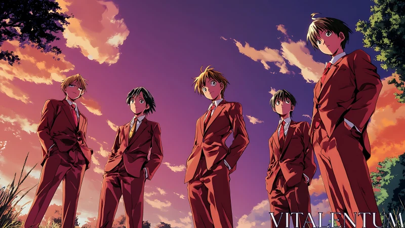 Sunset suit brigade under ember-tinted anime sky.