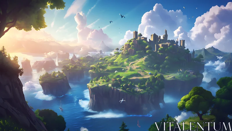 Fantasy castle floating above water with lush green landscape