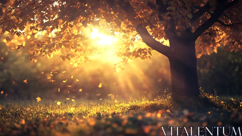 Sunlit autumn tree casts warm rays through falling leaves
