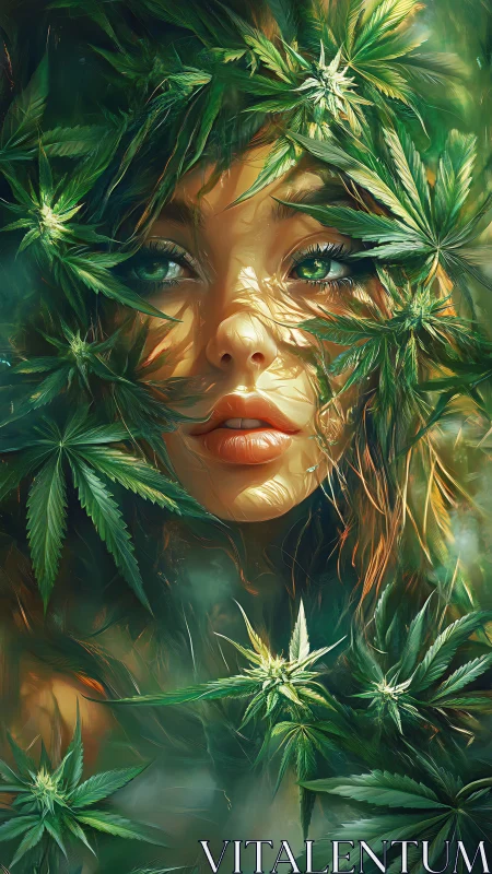 Emerald forest muse framed by luminous cannabis leaves.