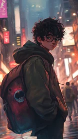 Teenage boy with backpack walks through neon city street