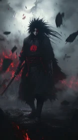 Dark warrior stands in red-lit smoke with sword drawn