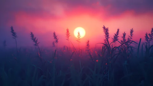 Dreamlit meadow sunrise in glowing violet and ember haze.