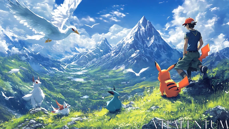 Anime trainer and creatures survey vast alpine valley.
