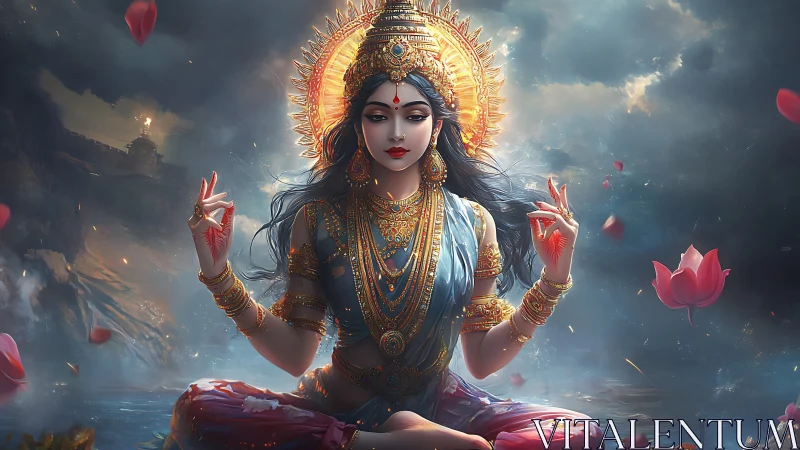 Divine goddess figure in lotus pose with glowing halo.