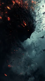 Ember-crowned shadow drifts between storm and burning void