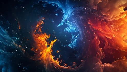 Celestial fire and frost collide in a swirling cosmic vortex.