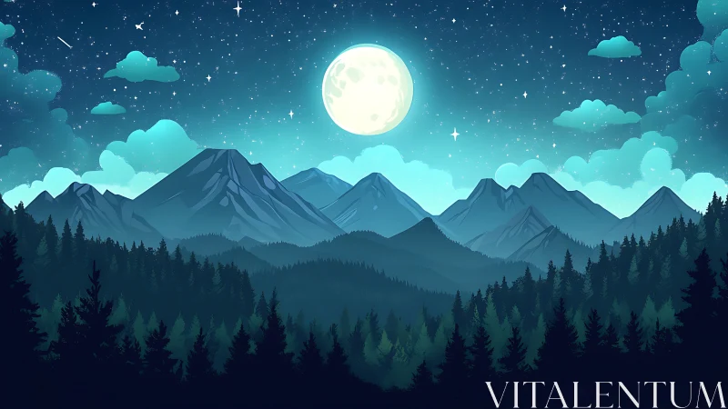 Moonlit alpine range under stylized star-swept night sky.