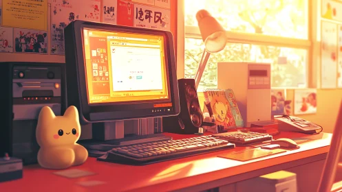 Cozy retro desktop corner glowing with warm afternoon light.