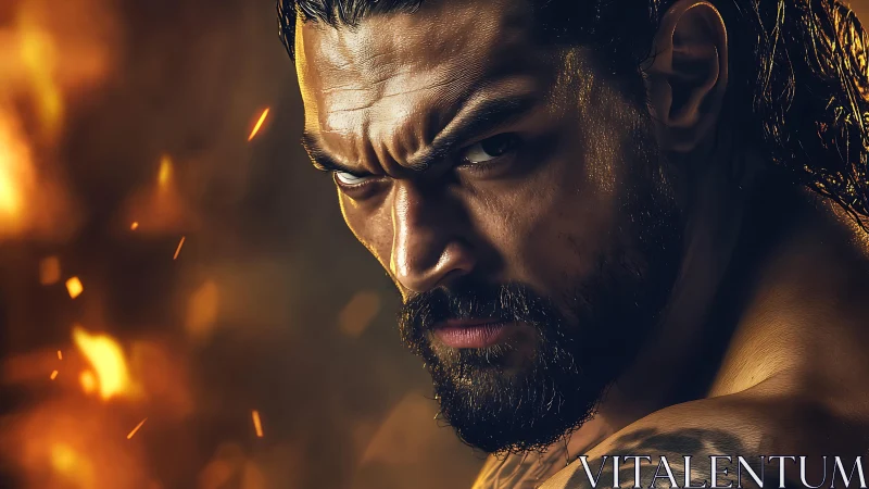 Close male portrait is rendered with intense directional lighting