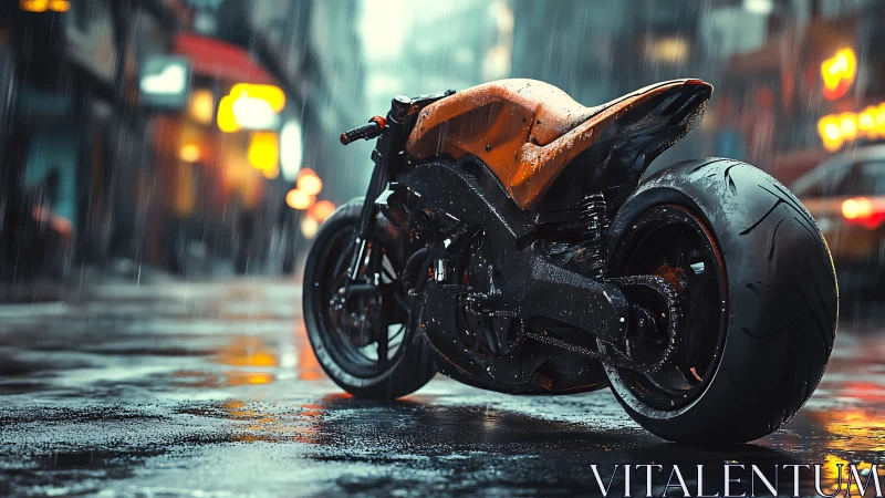 Futuristic street motorcycle rendered in hyperreal cinematic rain