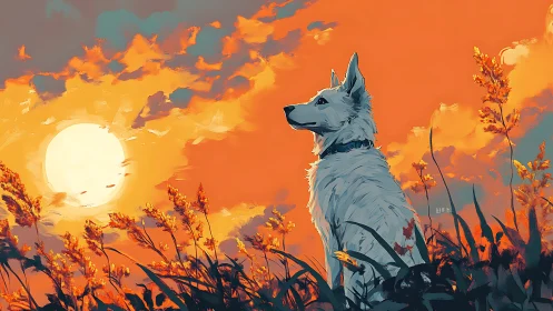 Gentle white dog watching a glowing sunset in tall grass.