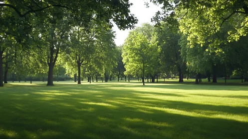 Gentle morning light dances across a peaceful green park