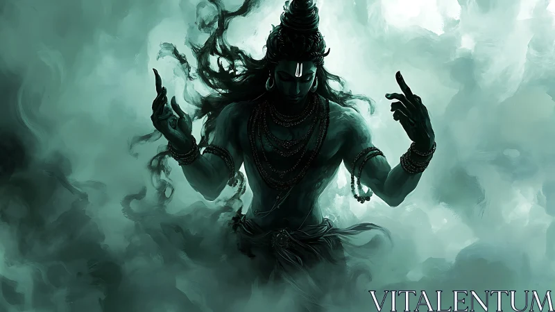 Mythic warrior rises amid swirling emerald mist.