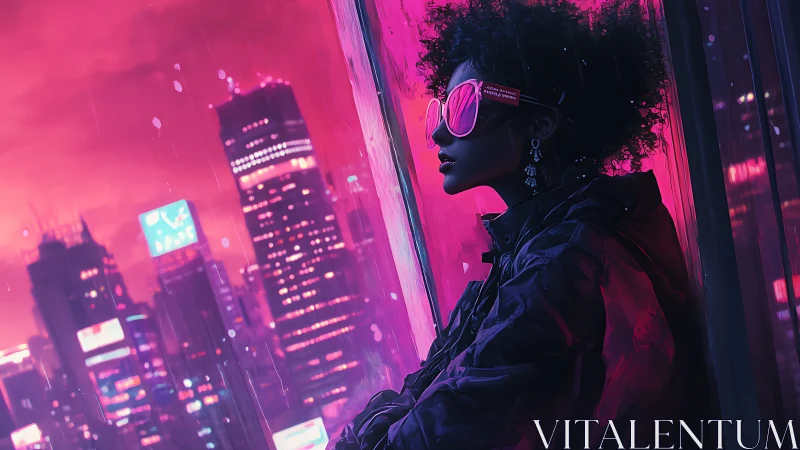 Neon rain drapes a dreamy rebel over the electric skyline.