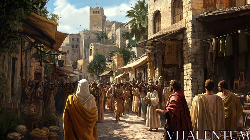 Sunlit ancient market street alive with warm daily chatter.