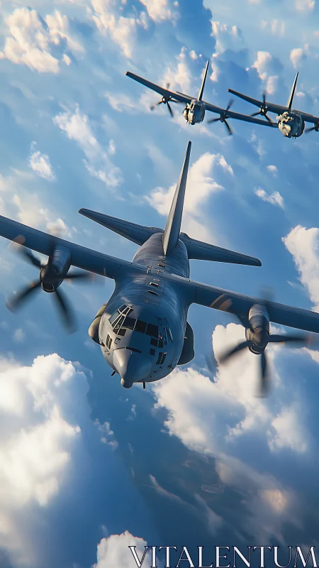 Military transport aircraft formation over bright cloud deck.