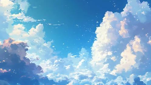 Digital painting of luminous summer cumulonimbus clouds.