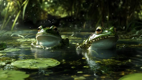 Pondside frog duo bask in dappled light and drifting insects.