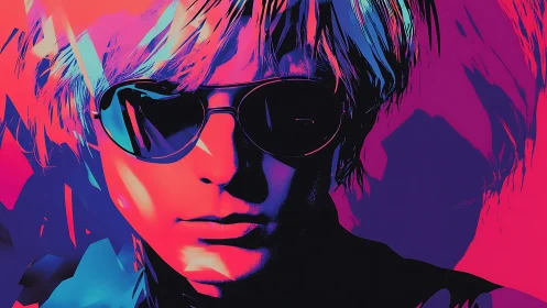 Electric neon portrait with reflective sunglasses in profile.