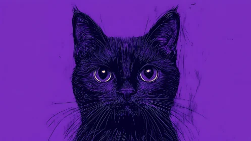 Black Cat's Hypnotic Gaze Pierces Through Violet Dreamscape