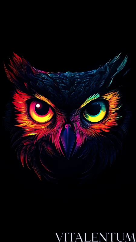 Neon chromatic owl portrait with asymmetrical iridescent eyes