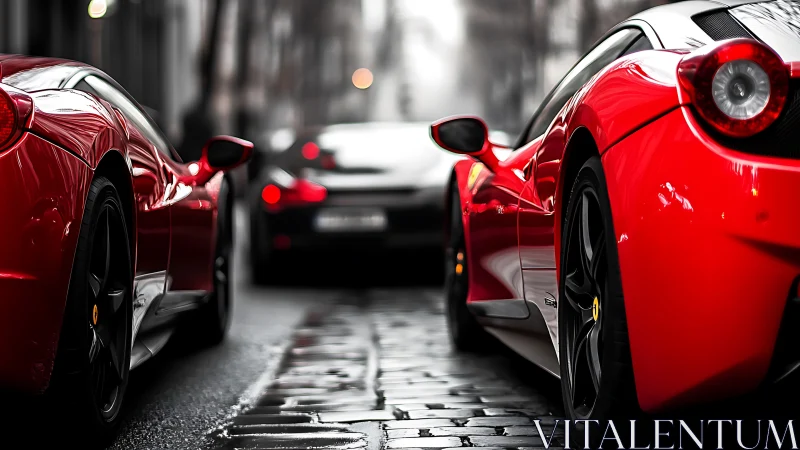 Red supercars parked on wet cobblestone city street.