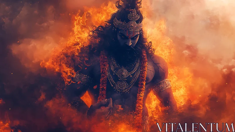 Mythic warrior deity in flame-suffused digital portraiture