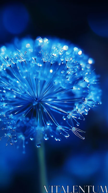Shimmering blue dandelion seed head glows in soft night light