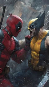 Dynamic duel between two masked combatants in digital painting