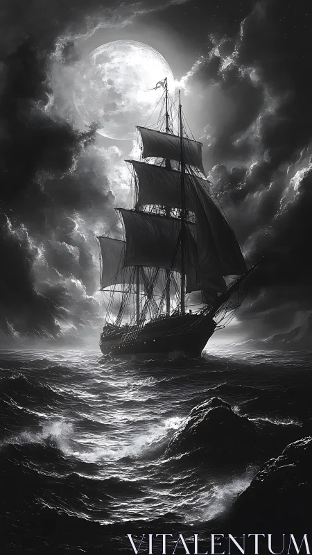 Sailing ship under full moon on rough monochrome sea.