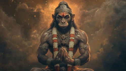 Divine simian warrior sits in meditative prayer amid clouds