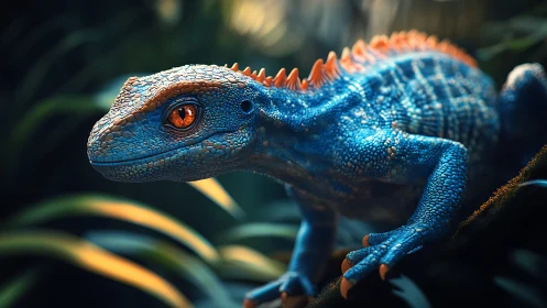 Blue reptilian creature on branch in soft forest light.