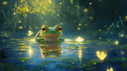 Glowing-eyed frog rests in a firefly-lit twilight pond.