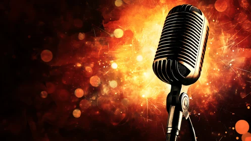 Vintage microphone glows before explosive orange bokeh