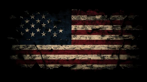 Weathered US flag texture with distressed grunge erosion.