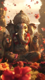 Ganesha idol glows in golden light with falling petals.