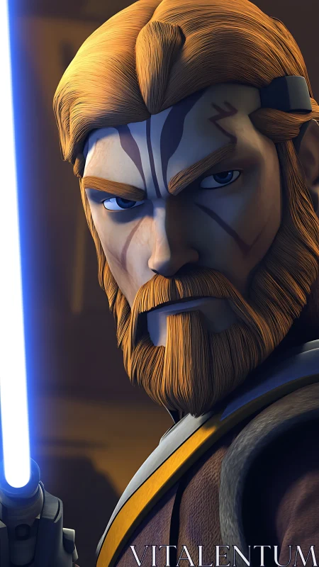 Jedi warrior portrait with glowing blue lightsaber poised.