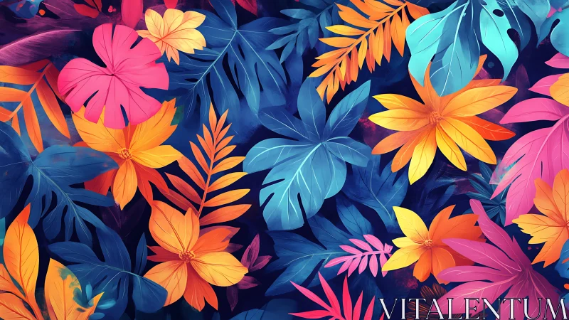 Multicolored tropical foliage pattern on dark background.